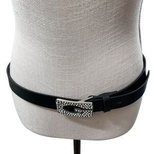 Women’s Black/Brown Guess Vintage Leather Belt Silver RHINESTONE Buckle Medium